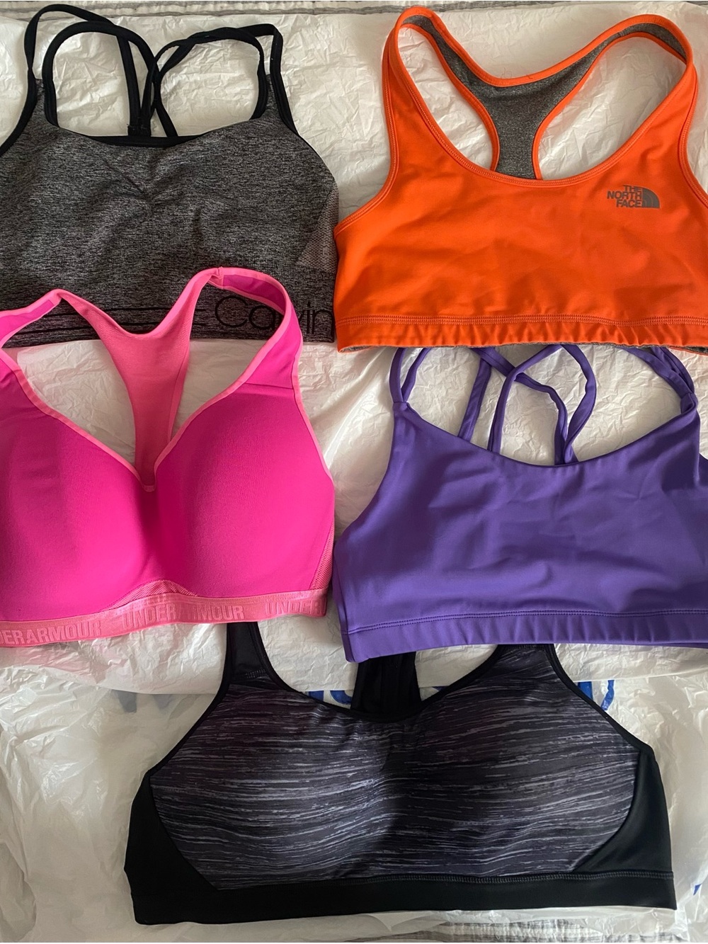 North Face Orange/Gray reversible Racerback sports bra and 4 other sports bras